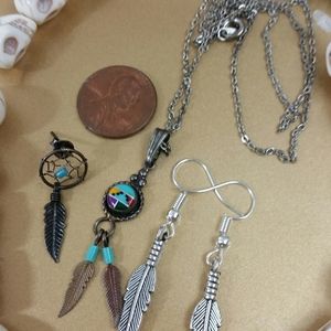 ❄️ Vtg sterling silver inlay pendent native  turquoise + earring + S925 chain